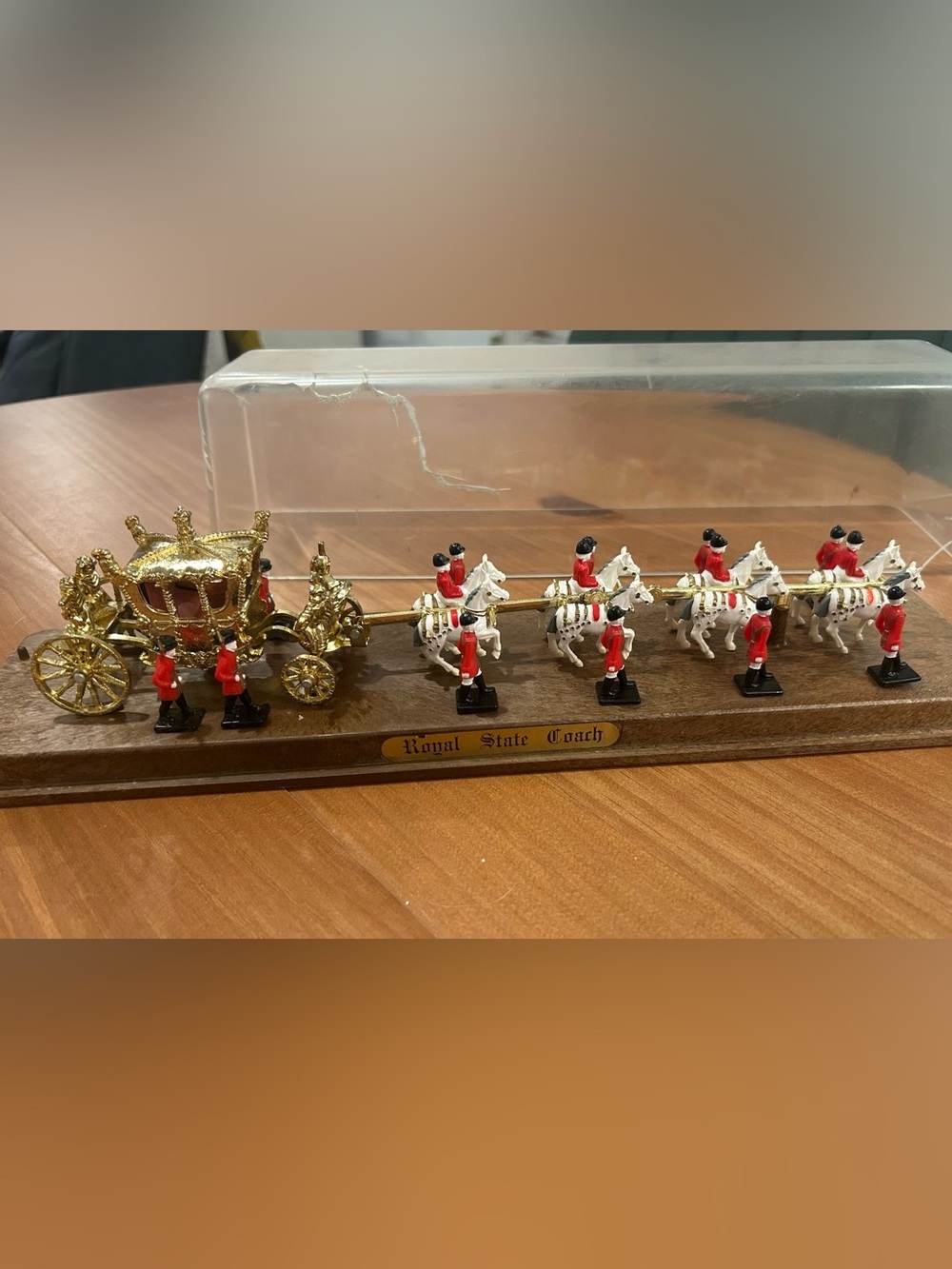 Royal State Coach Miniature Display w Horses Guards Carriage Wood Base Vintage